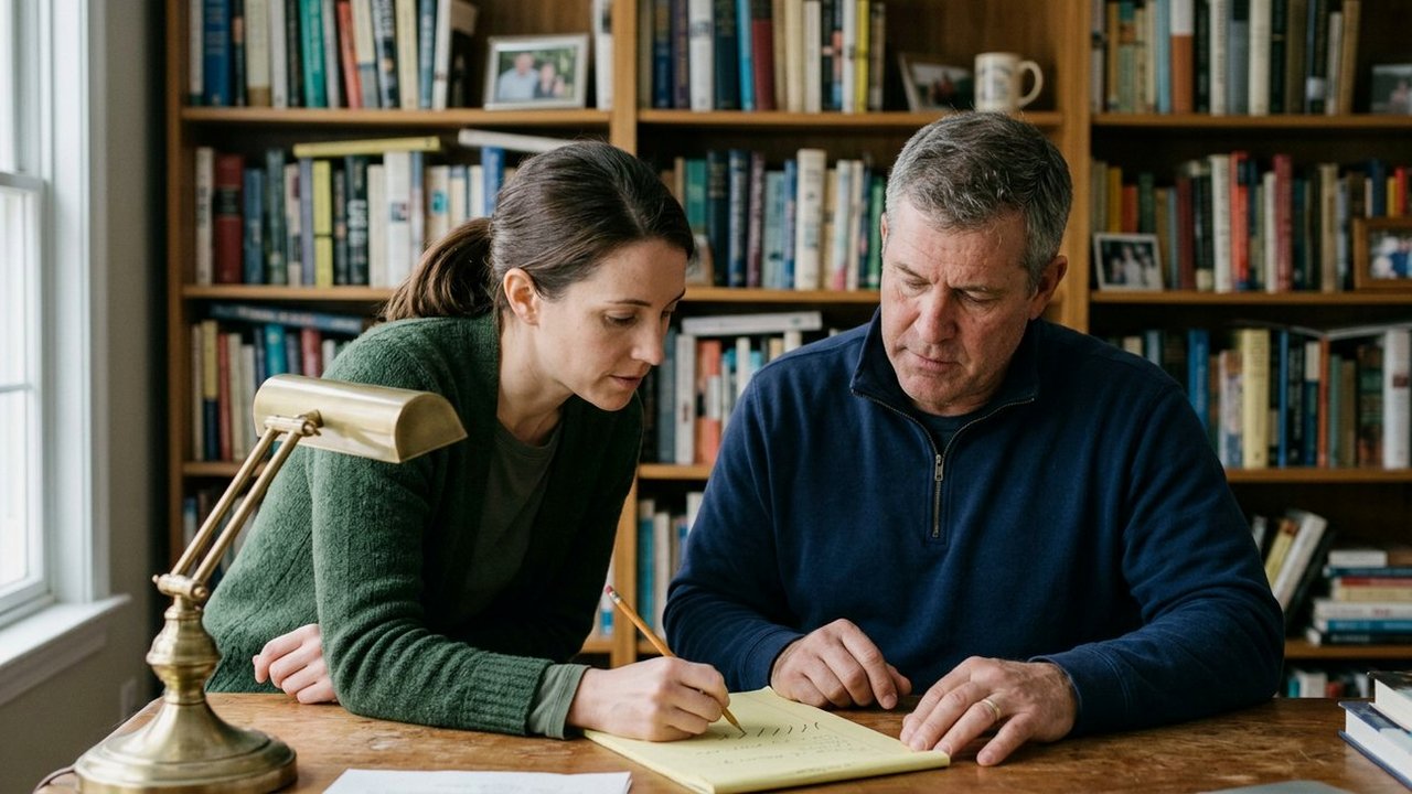 Two physicians at a lamp-lit desk sketching tick marks on a legal pad