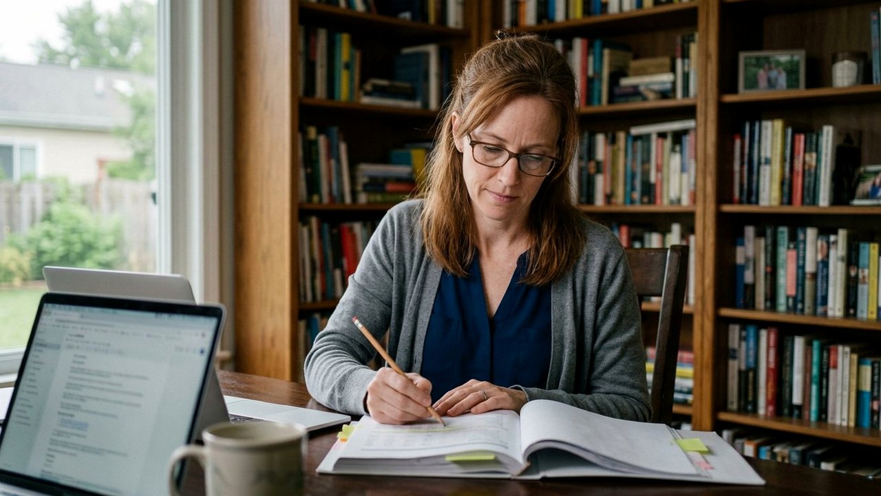 Woman in home library marks a financial report beside laptop